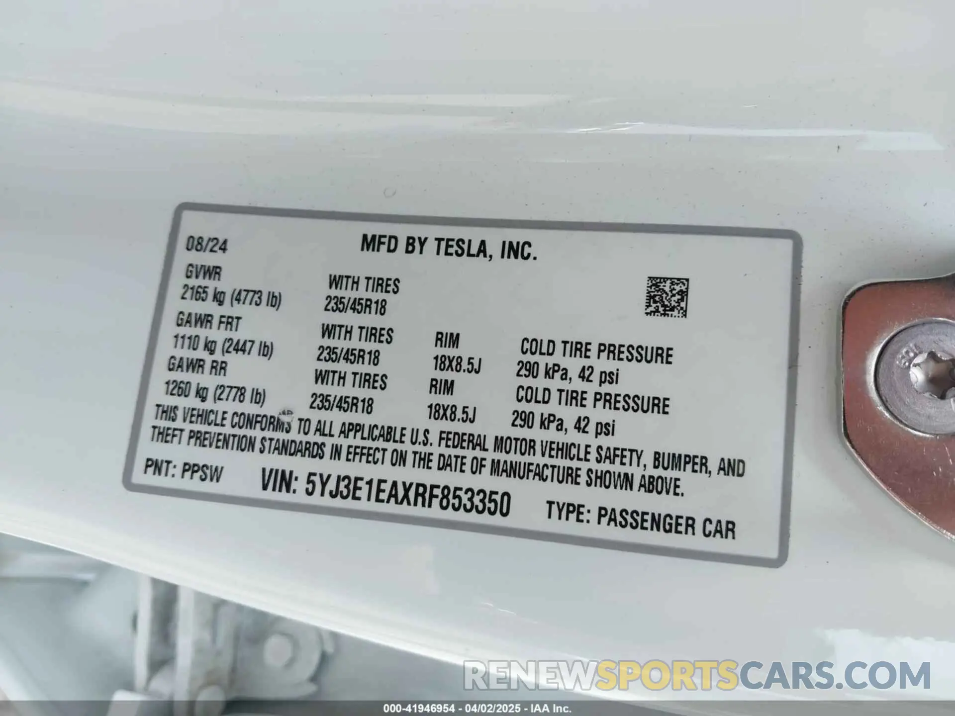 9 fotografías del automóvil dañado 5YJ3E1EAXRF853350 TESLA MODEL 3 2024