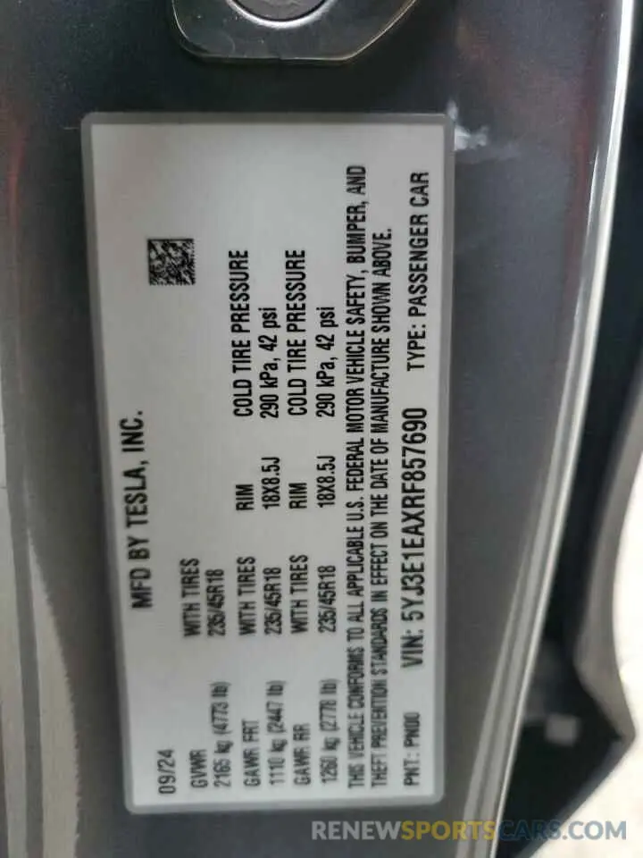 13 fotografías del automóvil dañado 5YJ3E1EAXRF857690 TESLA MODEL 3 2024