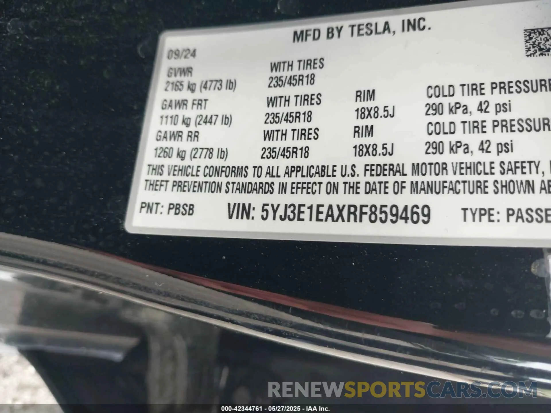 9 fotografías del automóvil dañado 5YJ3E1EAXRF859469 TESLA MODEL 3 2024
