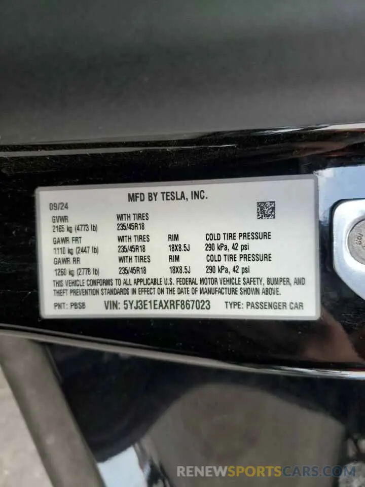 14 fotografías del automóvil dañado 5YJ3E1EAXRF867023 TESLA MODEL 3 2024