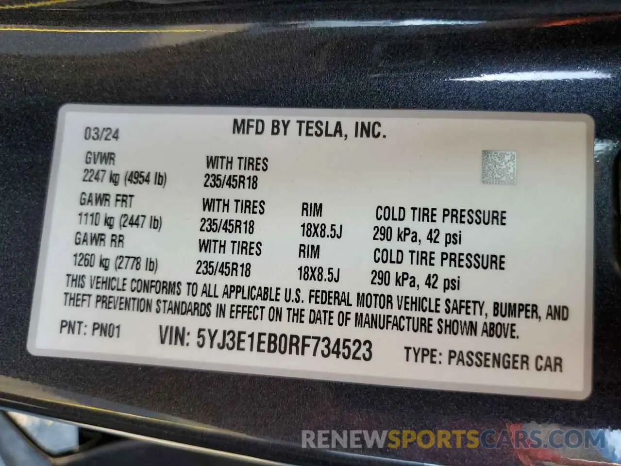 14 fotografías del automóvil dañado 5YJ3E1EB0RF734523 TESLA MODEL 3 2024