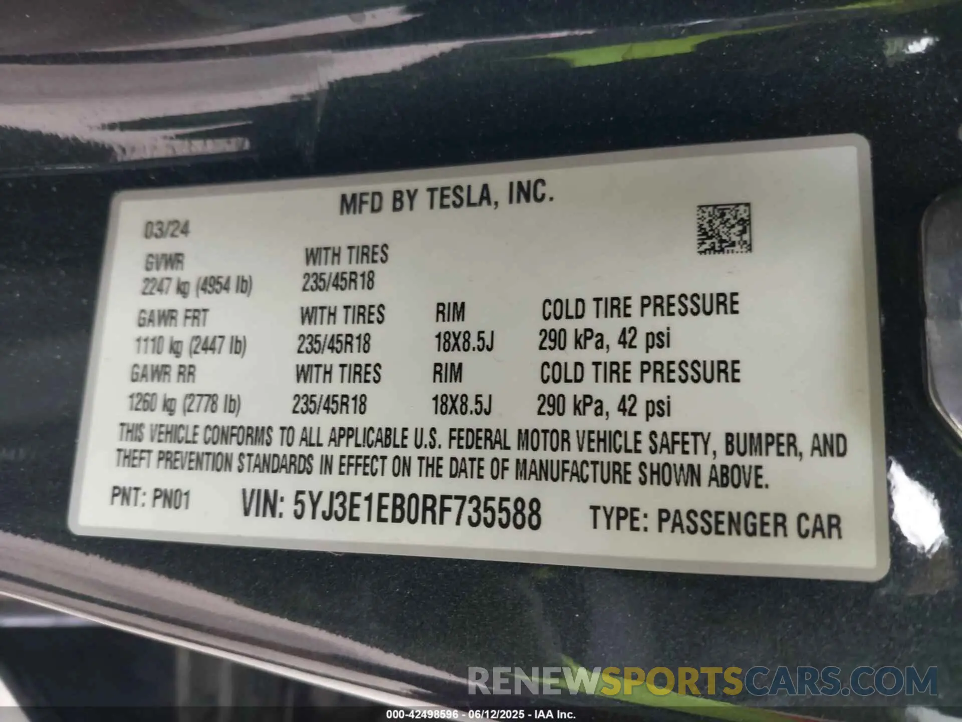 9 fotografías del automóvil dañado 5YJ3E1EB0RF735588 TESLA MODEL 3 2024