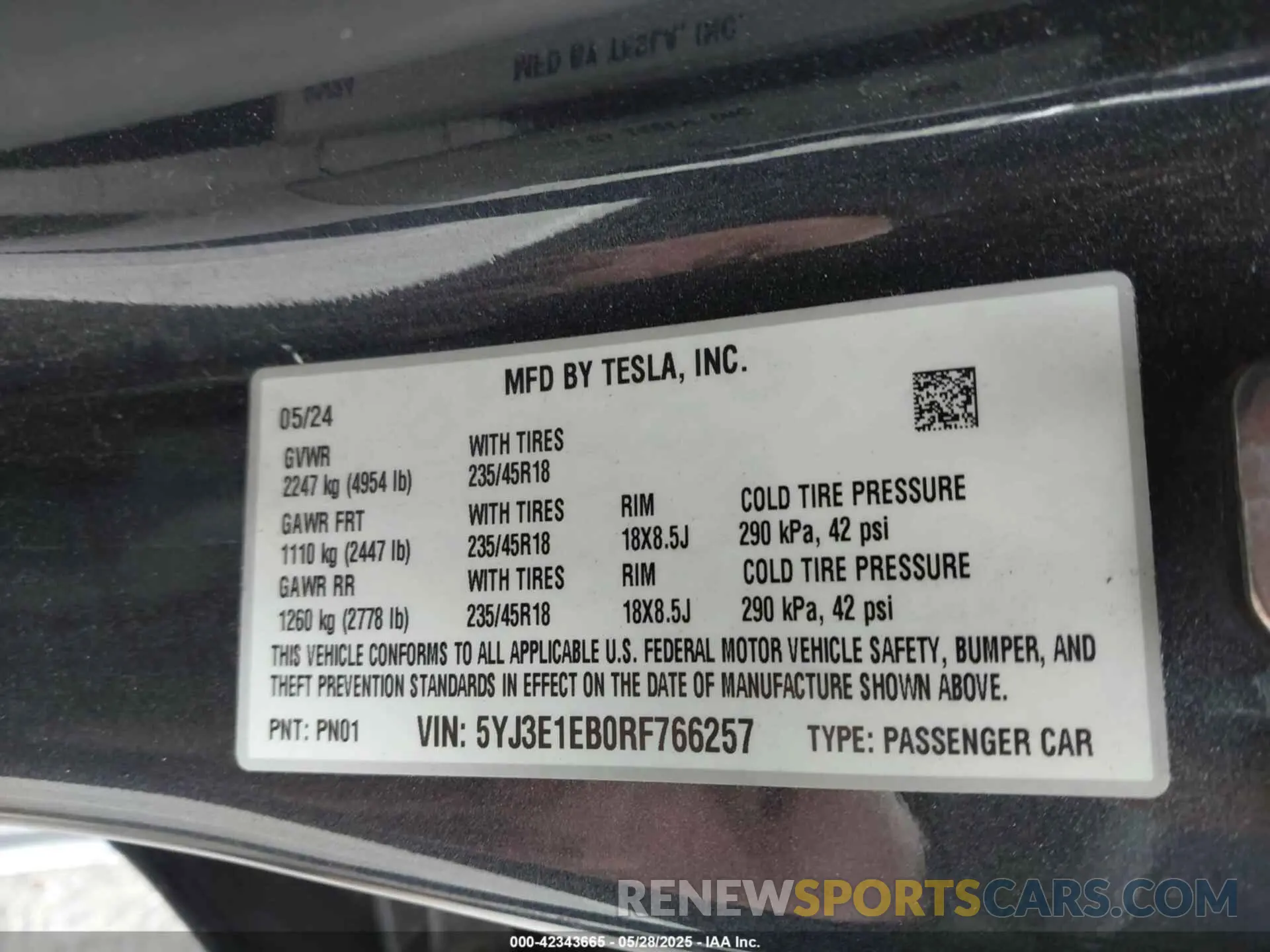 9 fotografías del automóvil dañado 5YJ3E1EB0RF766257 TESLA MODEL 3 2024
