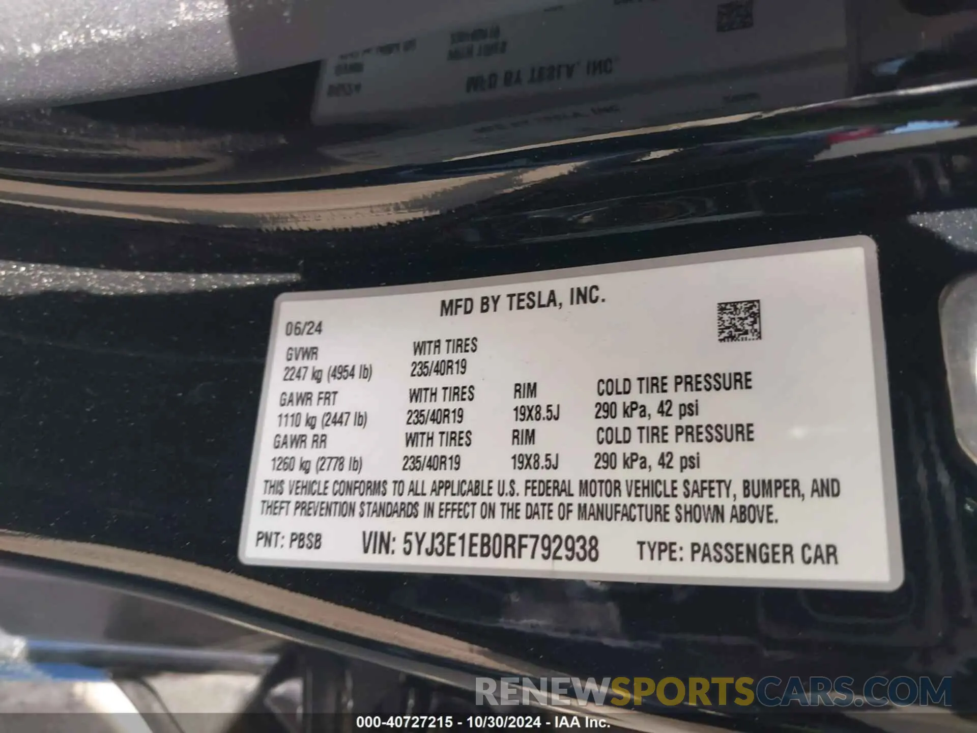 9 fotografías del automóvil dañado 5YJ3E1EB0RF792938 TESLA MODEL 3 2024
