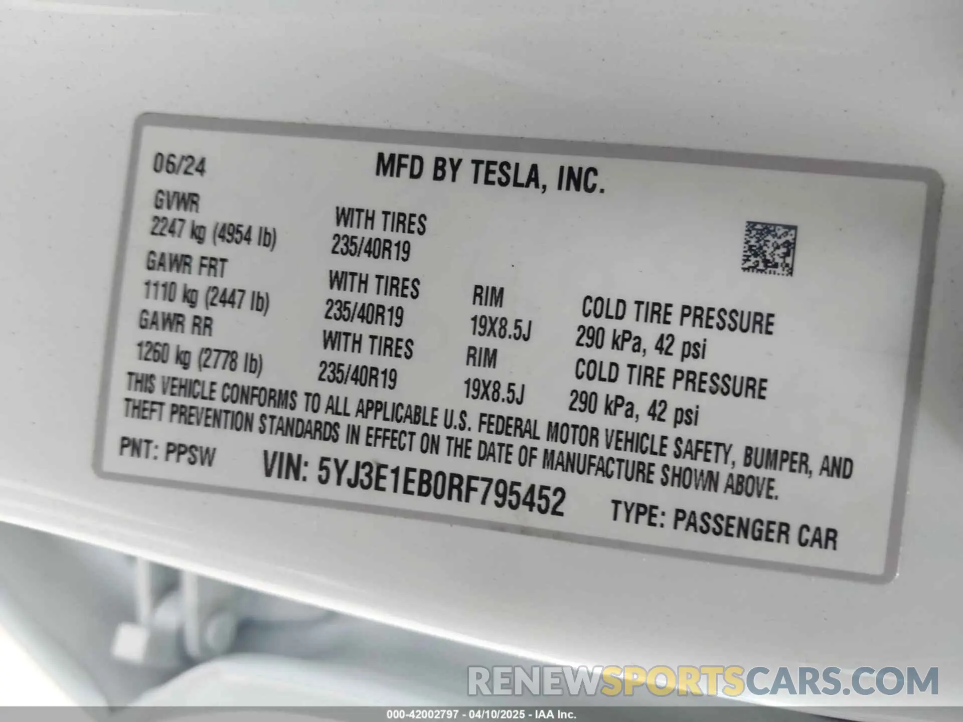 9 fotografías del automóvil dañado 5YJ3E1EB0RF795452 TESLA MODEL 3 2024