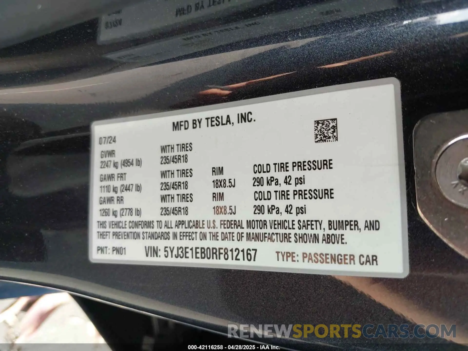 9 fotografías del automóvil dañado 5YJ3E1EB0RF812167 TESLA MODEL 3 2024