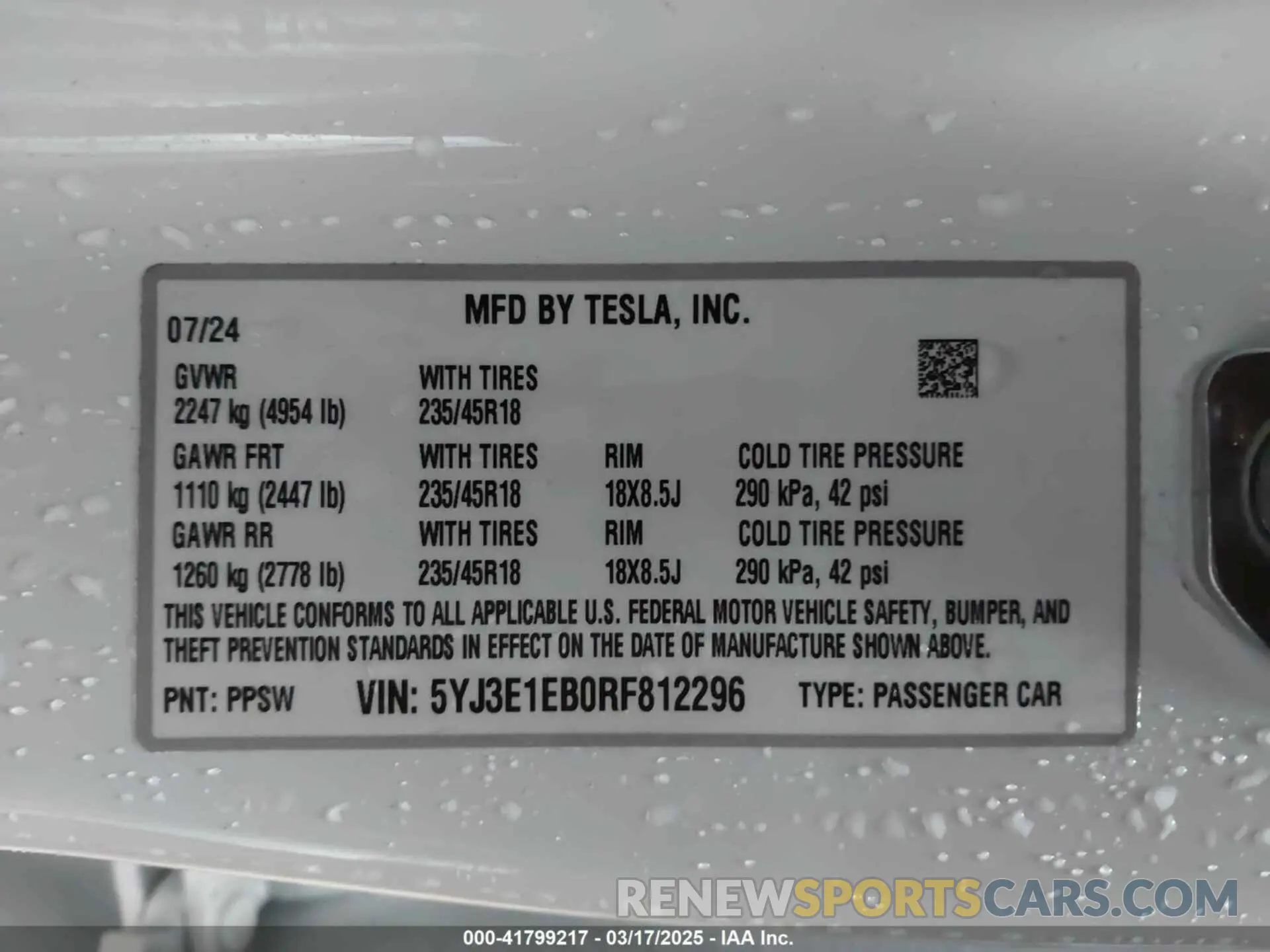 9 fotografías del automóvil dañado 5YJ3E1EB0RF812296 TESLA MODEL 3 2024