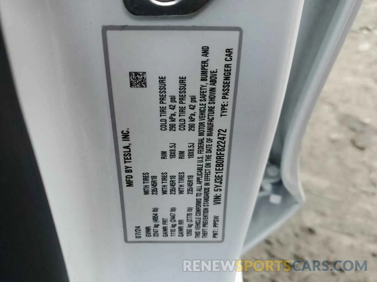 12 fotografías del automóvil dañado 5YJ3E1EB0RF822472 TESLA MODEL 3 2024