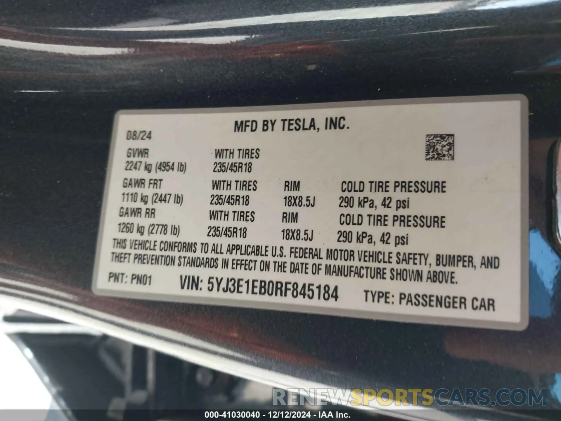 9 fotografías del automóvil dañado 5YJ3E1EB0RF845184 TESLA MODEL 3 2024