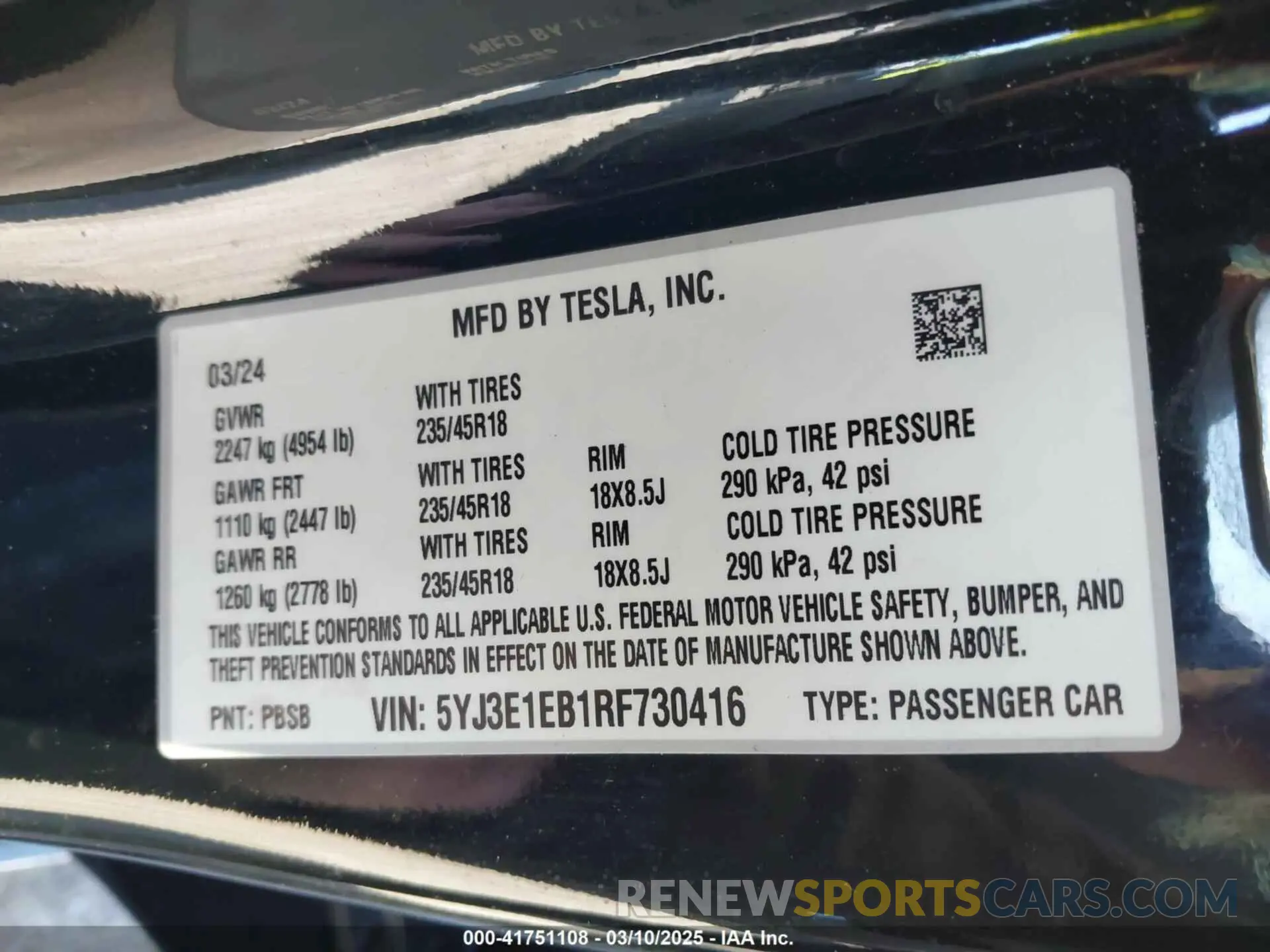 9 fotografías del automóvil dañado 5YJ3E1EB1RF730416 TESLA MODEL 3 2024