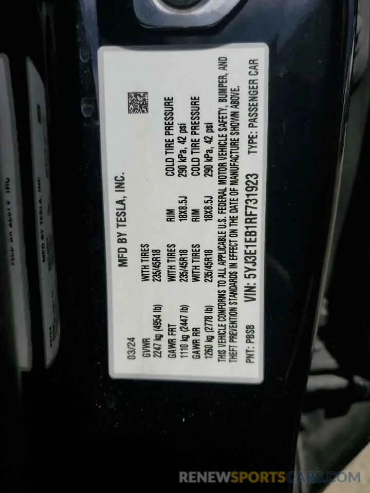 12 fotografías del automóvil dañado 5YJ3E1EB1RF731923 TESLA MODEL 3 2024
