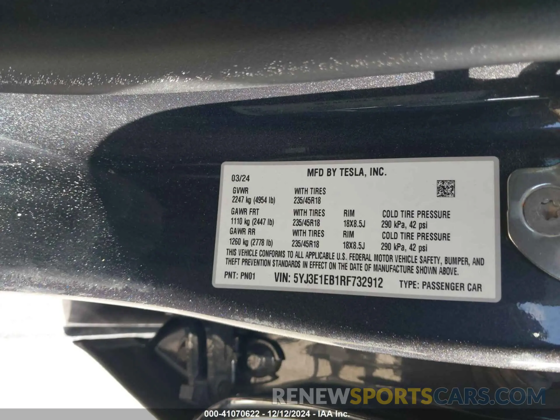 9 fotografías del automóvil dañado 5YJ3E1EB1RF732912 TESLA MODEL 3 2024