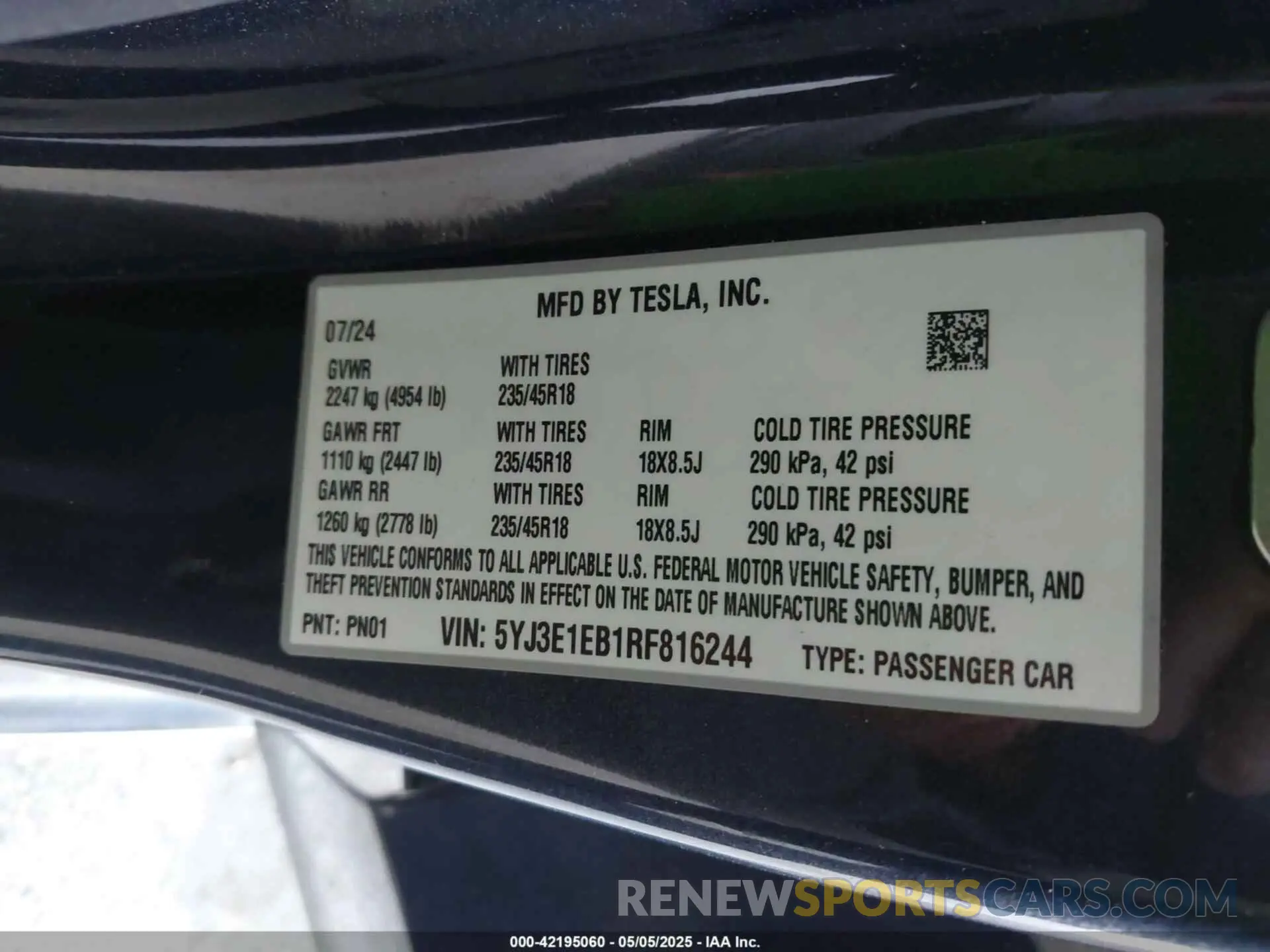 9 fotografías del automóvil dañado 5YJ3E1EB1RF816244 TESLA MODEL 3 2024