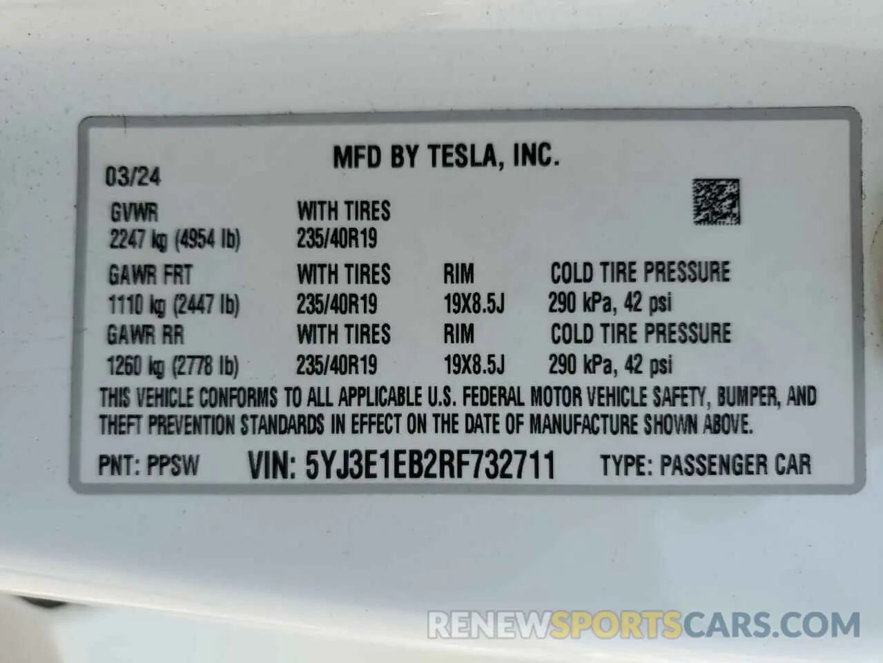 13 fotografías del automóvil dañado 5YJ3E1EB2RF732711 TESLA MODEL 3 2024