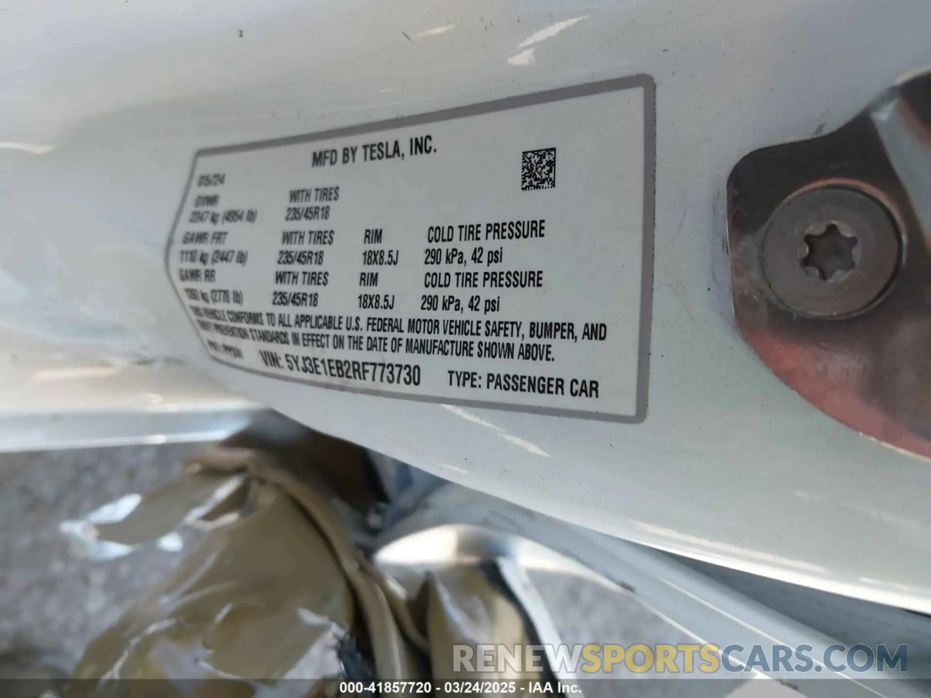 9 fotografías del automóvil dañado 5YJ3E1EB2RF773730 TESLA MODEL 3 2024