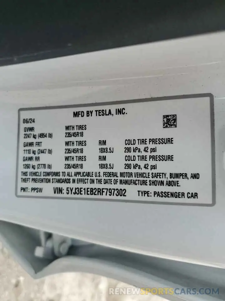 13 fotografías del automóvil dañado 5YJ3E1EB2RF797302 TESLA MODEL 3 2024