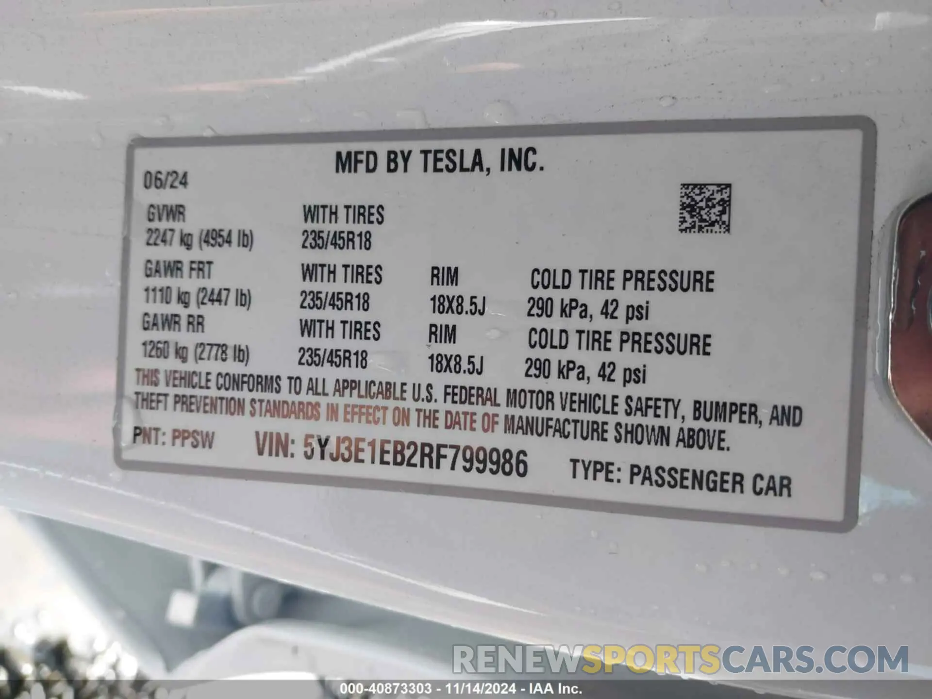 9 fotografías del automóvil dañado 5YJ3E1EB2RF799986 TESLA MODEL 3 2024