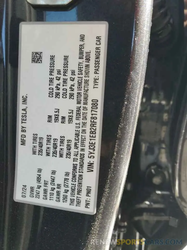 13 fotografías del automóvil dañado 5YJ3E1EB2RF817080 TESLA MODEL 3 2024