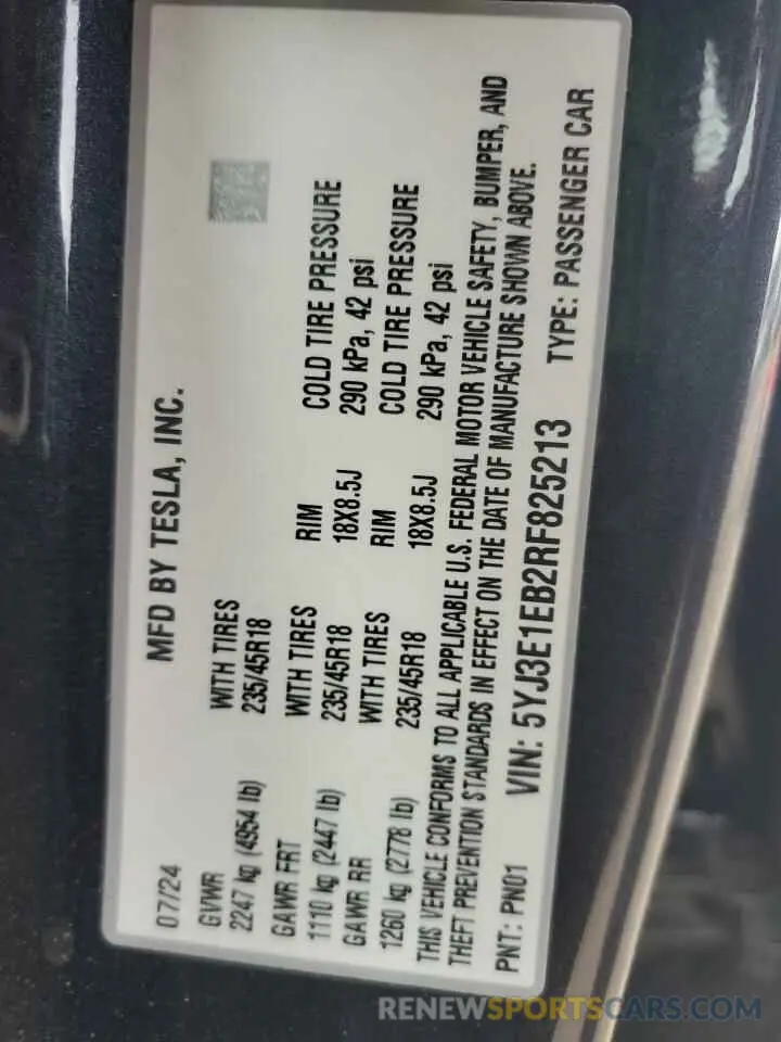 12 fotografías del automóvil dañado 5YJ3E1EB2RF825213 TESLA MODEL 3 2024