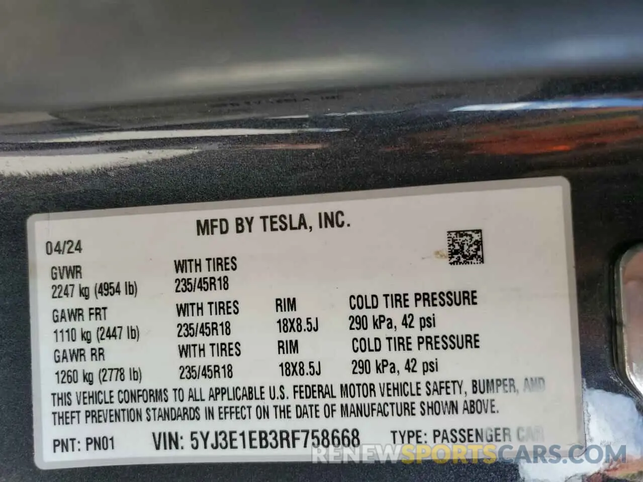 13 fotografías del automóvil dañado 5YJ3E1EB3RF758668 TESLA MODEL 3 2024