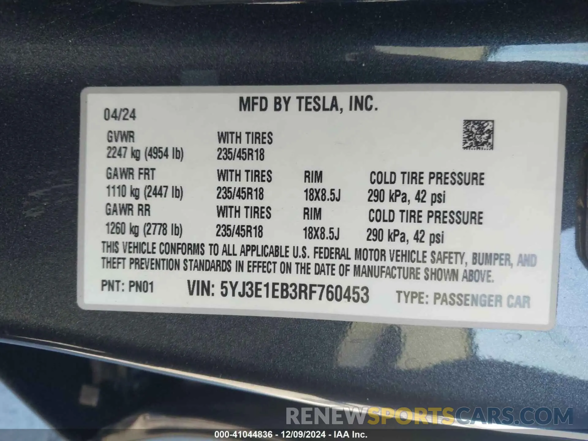 9 fotografías del automóvil dañado 5YJ3E1EB3RF760453 TESLA MODEL 3 2024