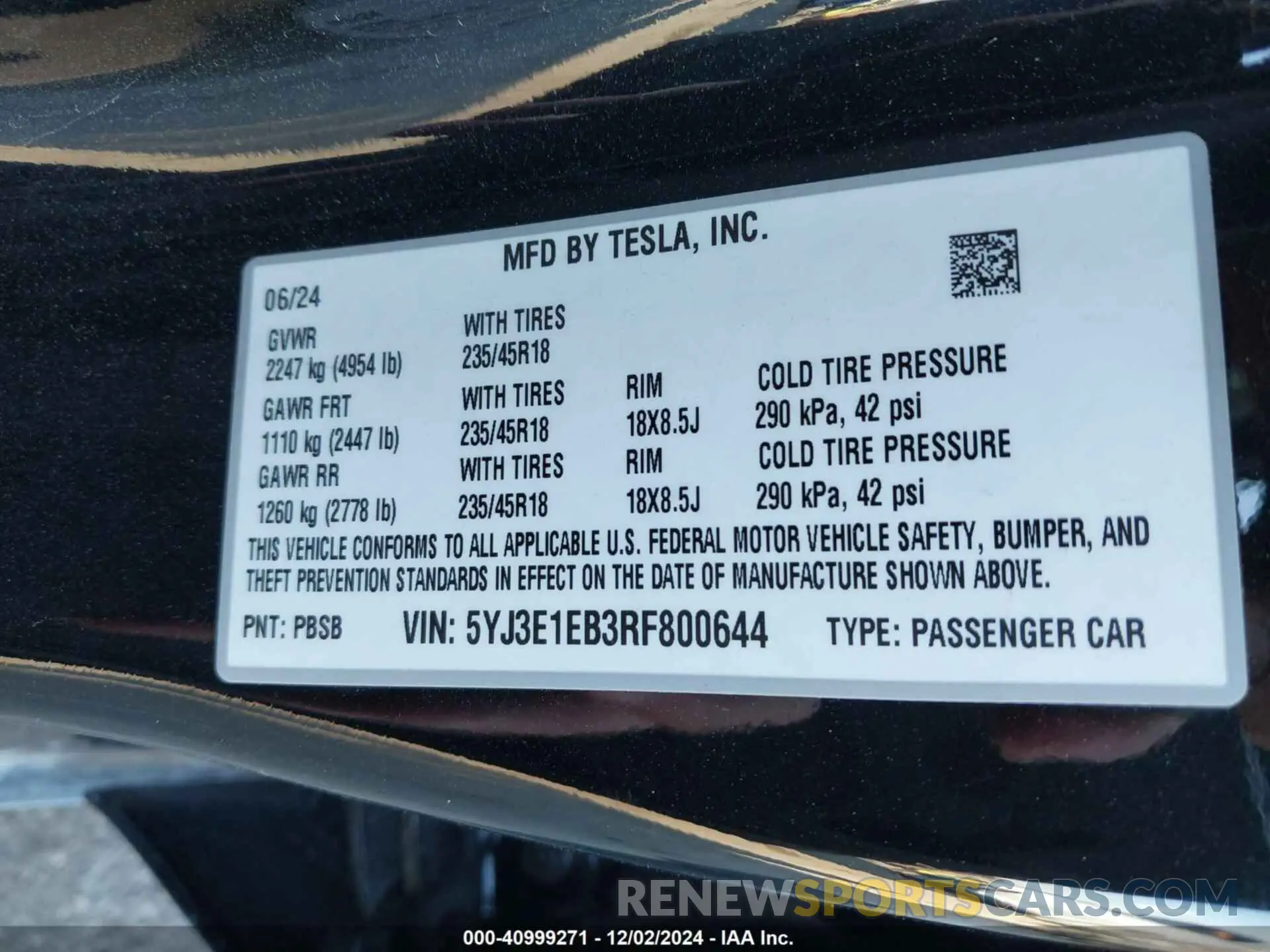 9 fotografías del automóvil dañado 5YJ3E1EB3RF800644 TESLA MODEL 3 2024