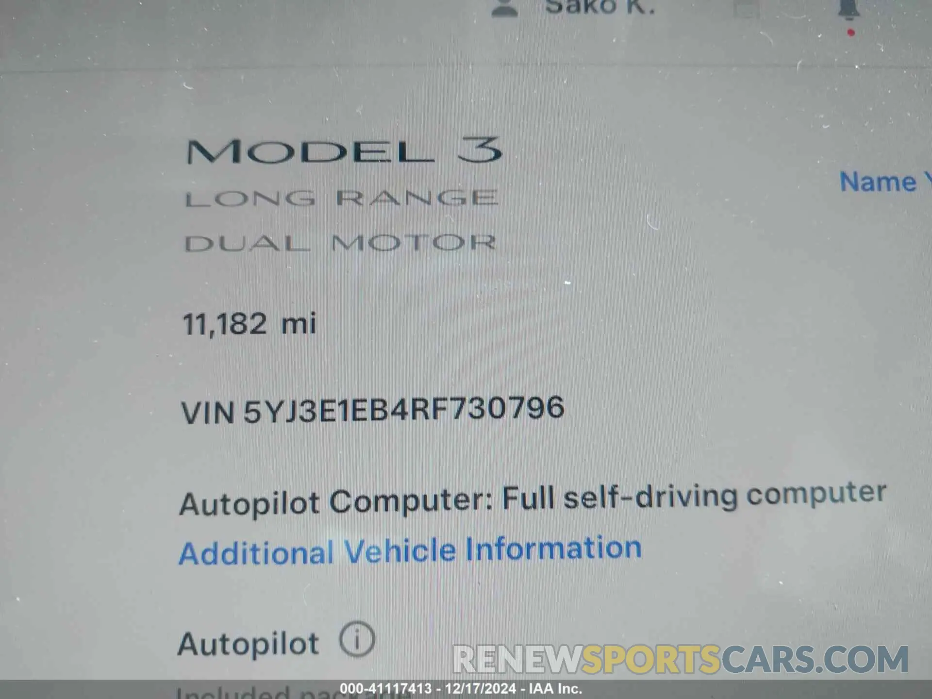 14 fotografías del automóvil dañado 5YJ3E1EB4RF730796 TESLA MODEL 3 2024