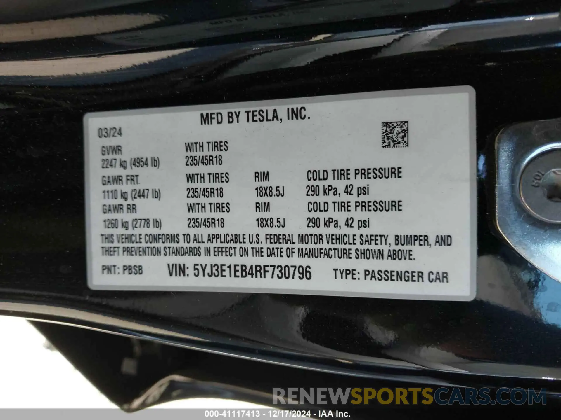 9 fotografías del automóvil dañado 5YJ3E1EB4RF730796 TESLA MODEL 3 2024