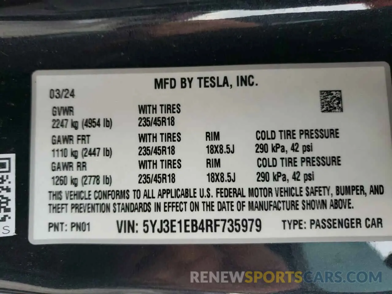 12 fotografías del automóvil dañado 5YJ3E1EB4RF735979 TESLA MODEL 3 2024