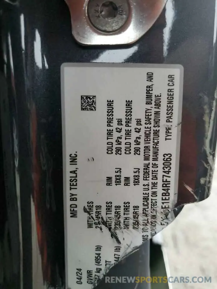 13 fotografías del automóvil dañado 5YJ3E1EB4RF743063 TESLA MODEL 3 2024