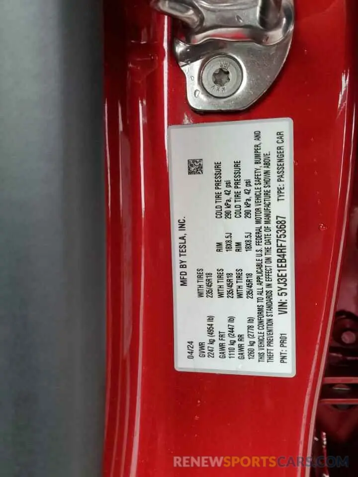 13 fotografías del automóvil dañado 5YJ3E1EB4RF753687 TESLA MODEL 3 2024
