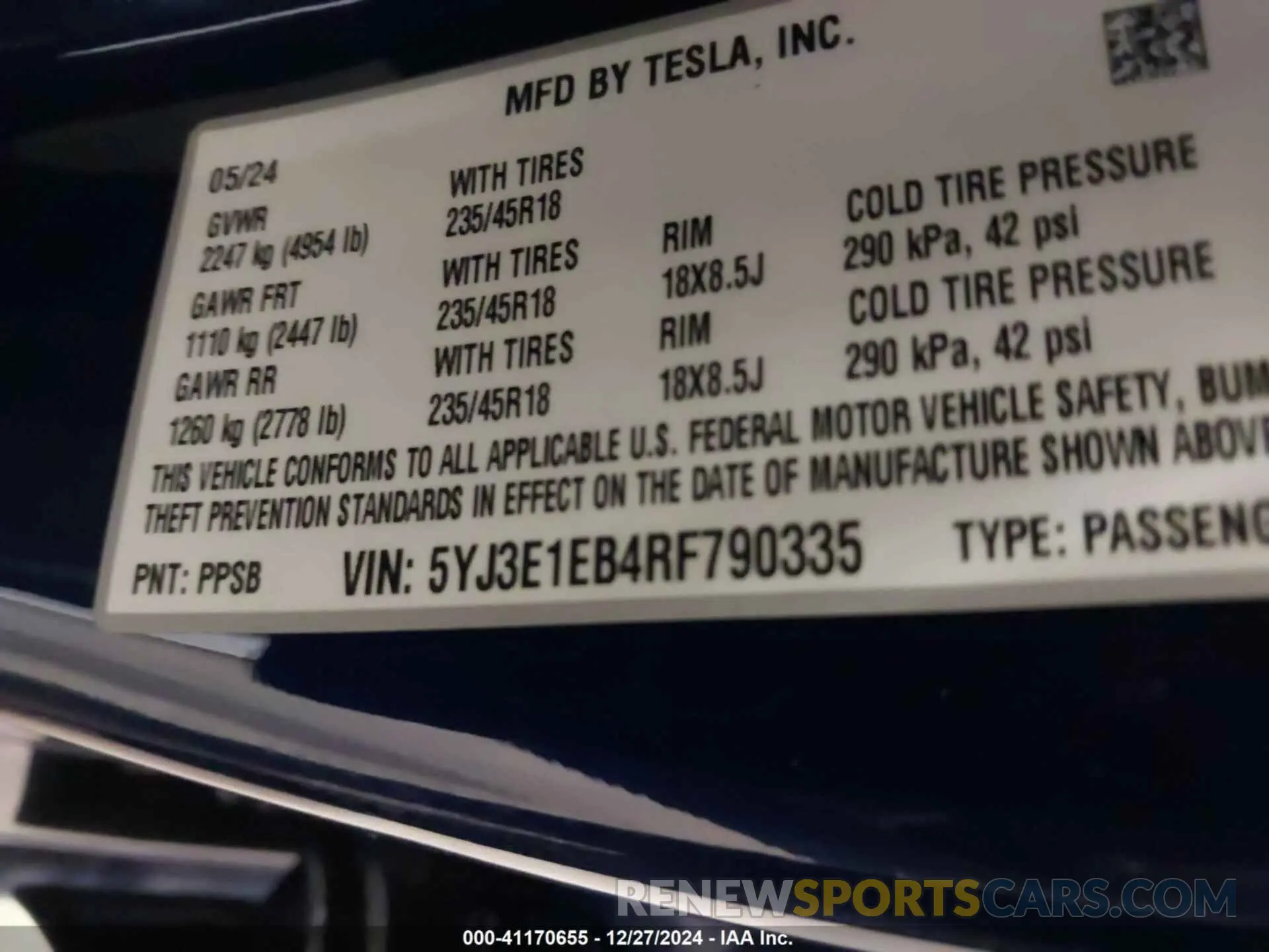 9 fotografías del automóvil dañado 5YJ3E1EB4RF790335 TESLA MODEL 3 2024