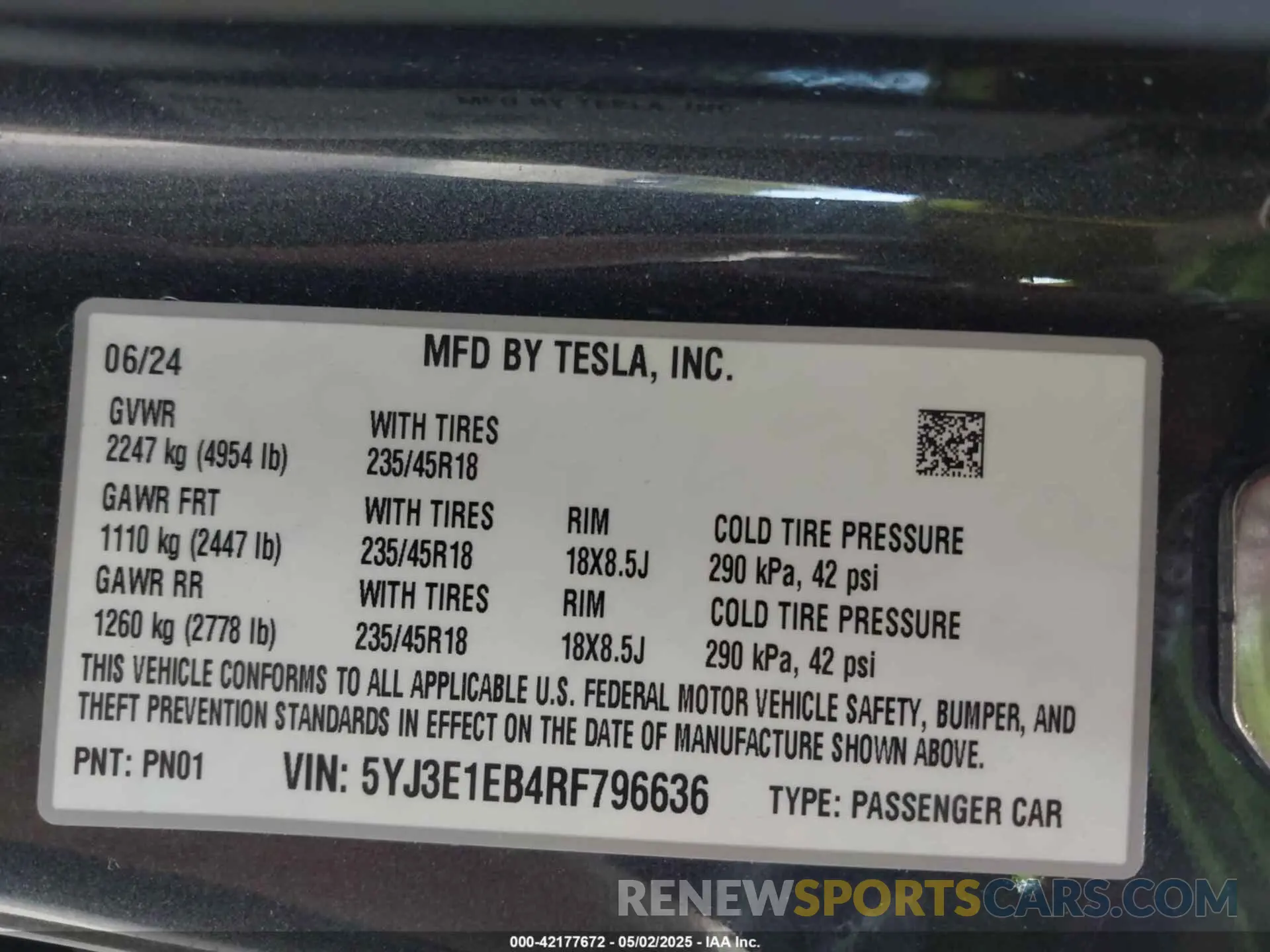 9 fotografías del automóvil dañado 5YJ3E1EB4RF796636 TESLA MODEL 3 2024
