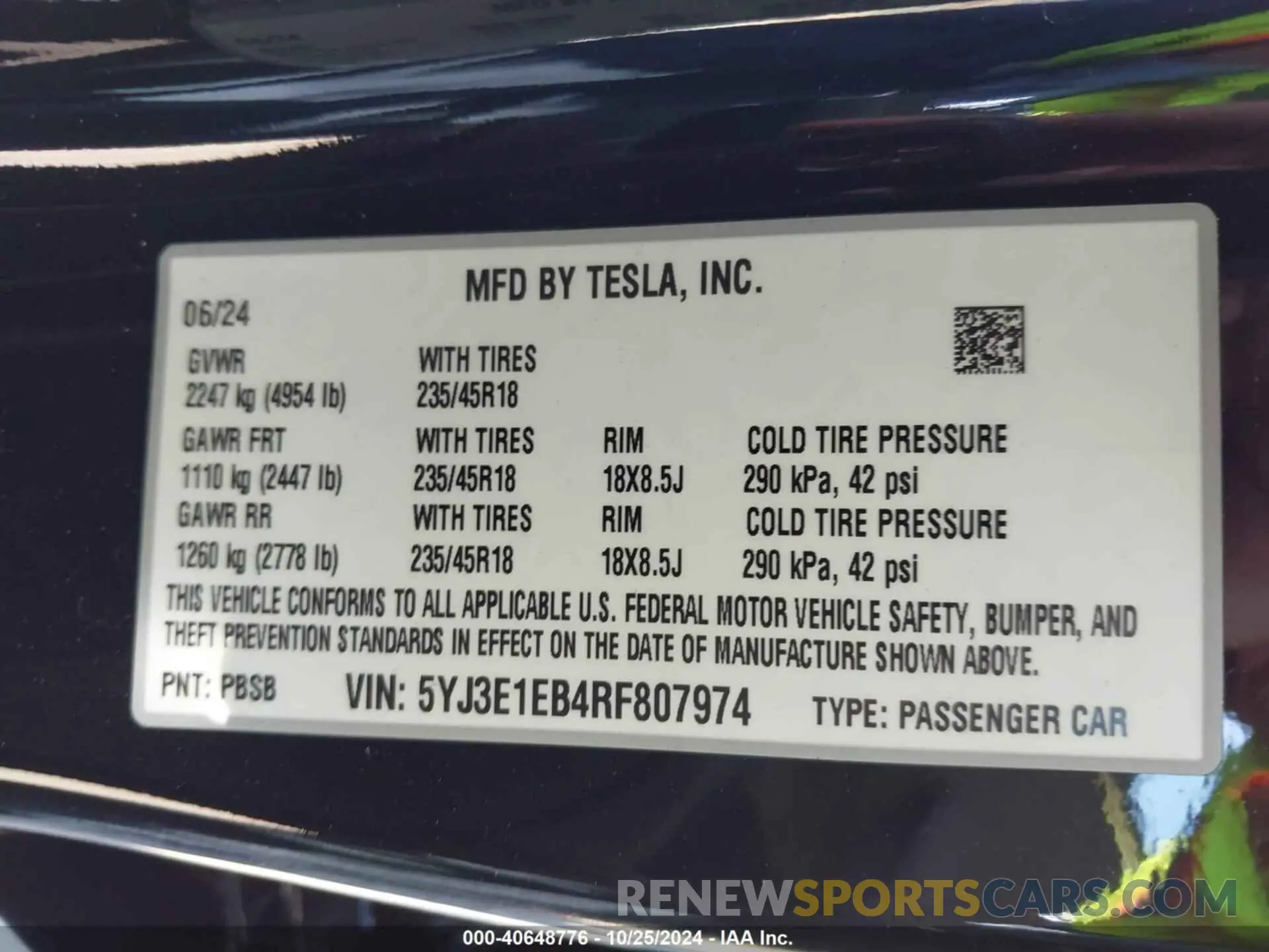 8 fotografías del automóvil dañado 5YJ3E1EB4RF807974 TESLA MODEL 3 2024