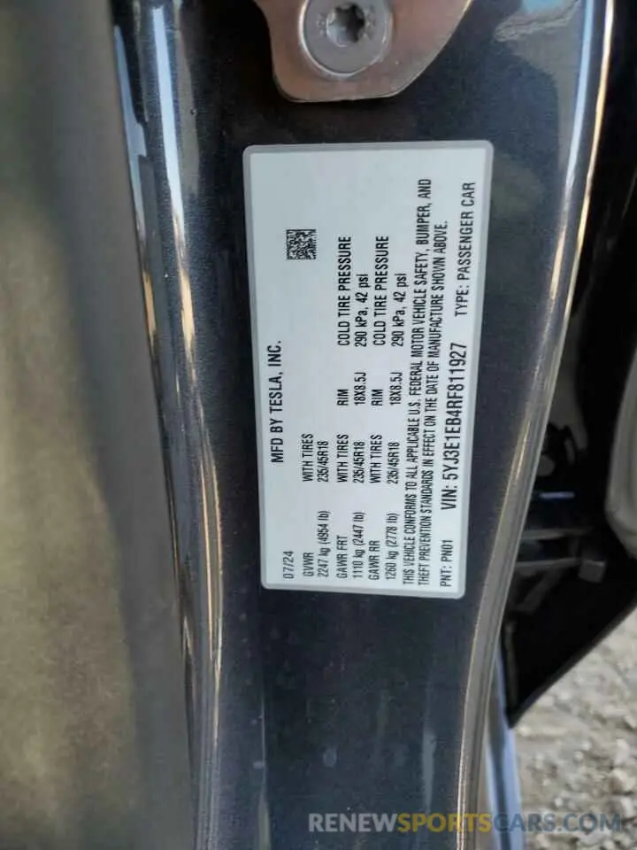 13 fotografías del automóvil dañado 5YJ3E1EB4RF811927 TESLA MODEL 3 2024