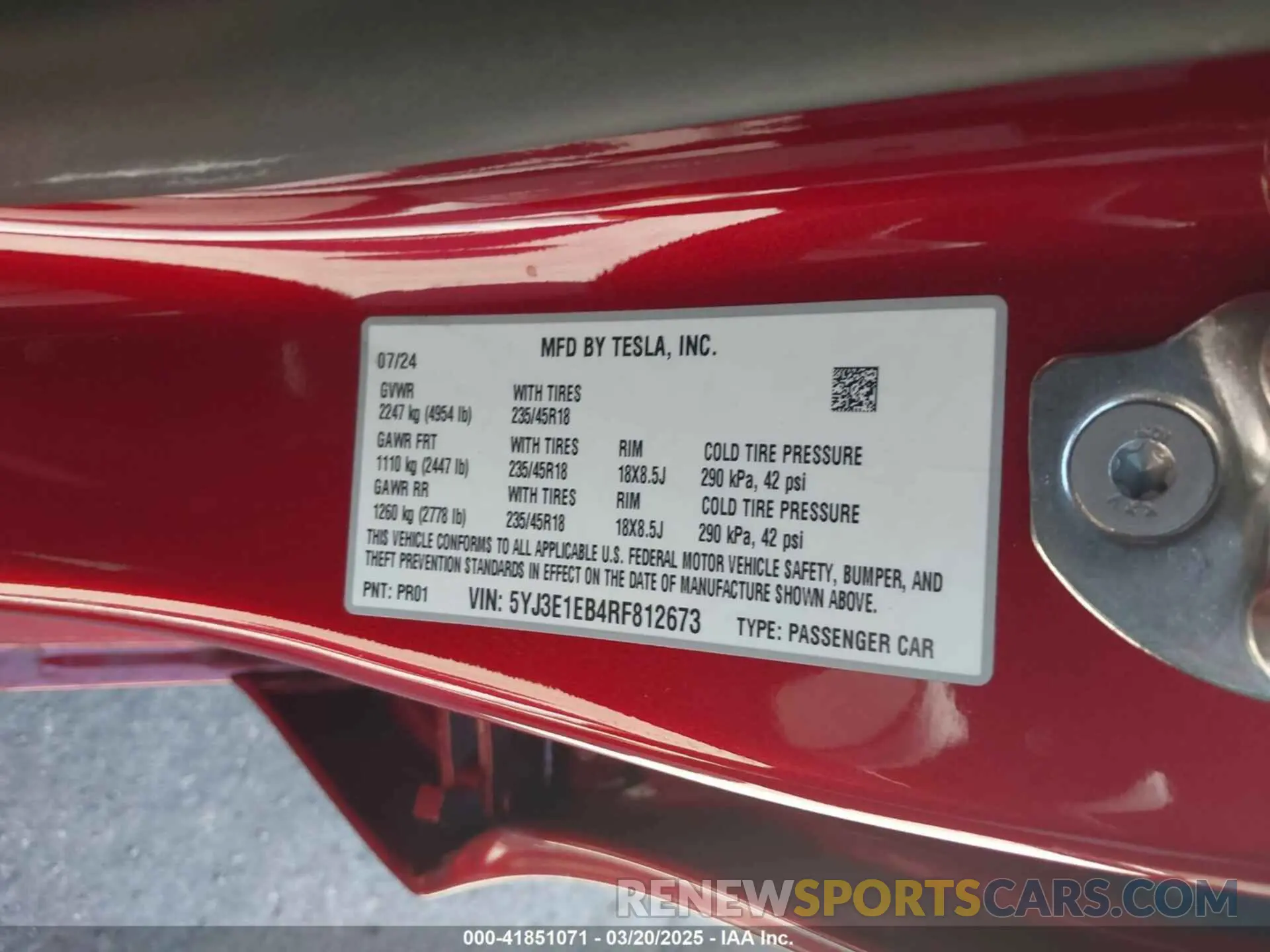 9 fotografías del automóvil dañado 5YJ3E1EB4RF812673 TESLA MODEL 3 2024