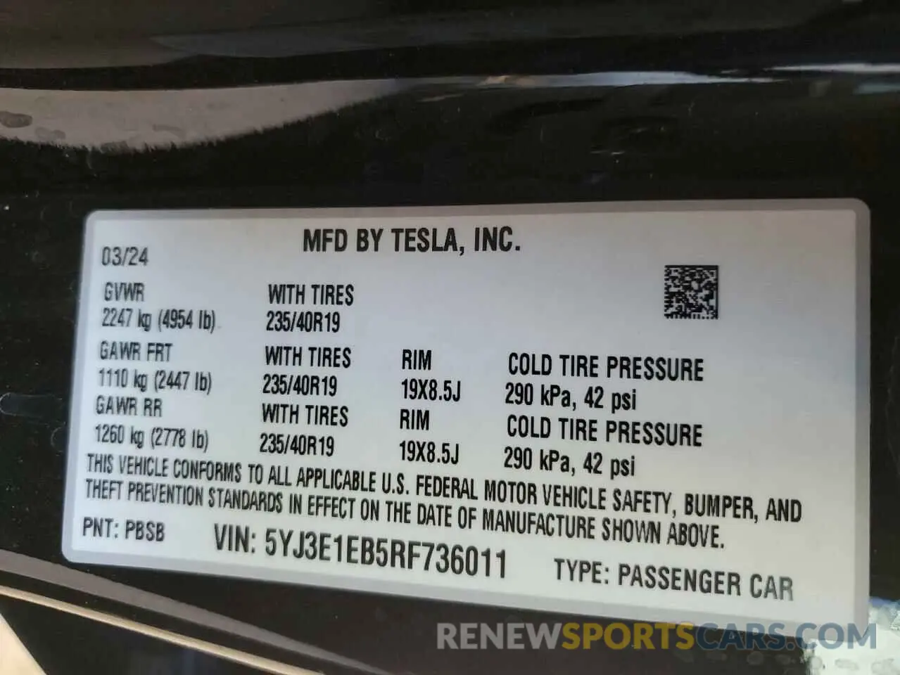 12 fotografías del automóvil dañado 5YJ3E1EB5RF736011 TESLA MODEL 3 2024