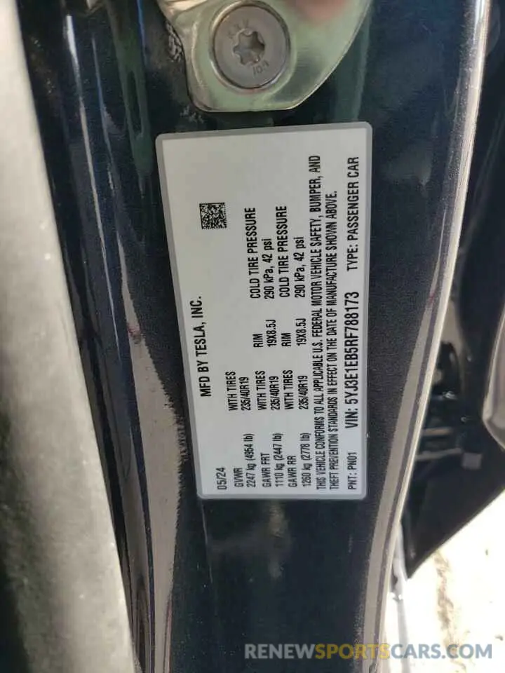12 fotografías del automóvil dañado 5YJ3E1EB5RF788173 TESLA MODEL 3 2024
