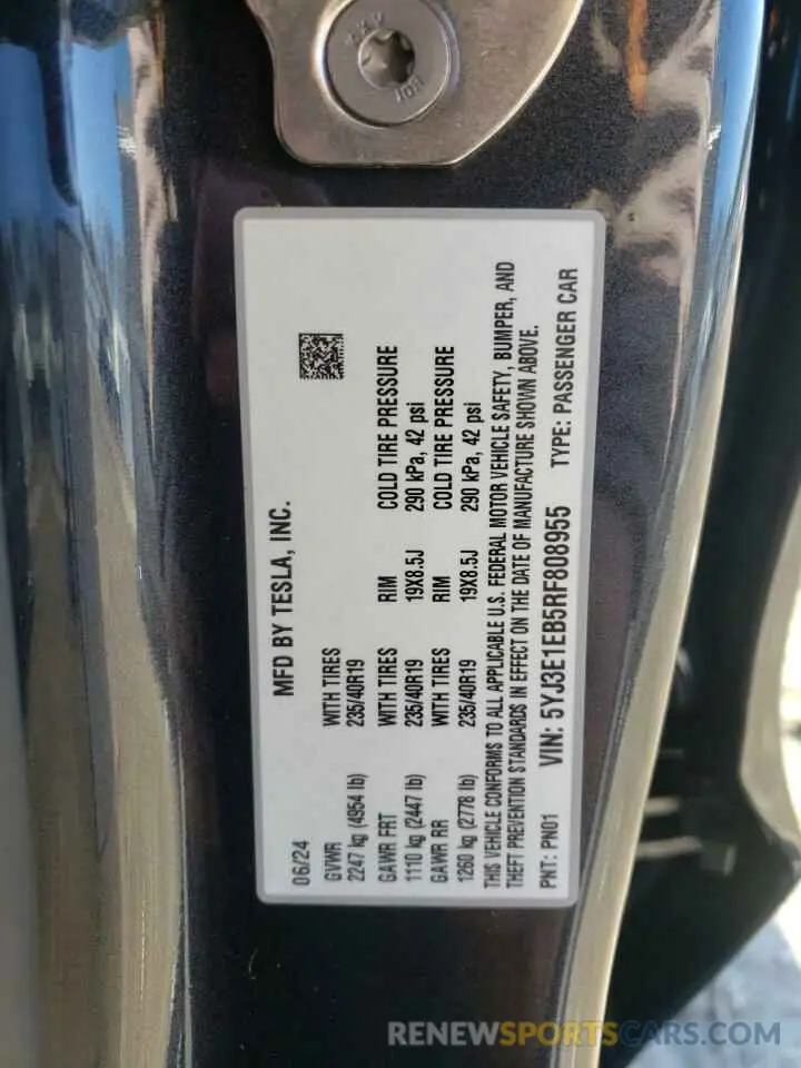 13 fotografías del automóvil dañado 5YJ3E1EB5RF808955 TESLA MODEL 3 2024