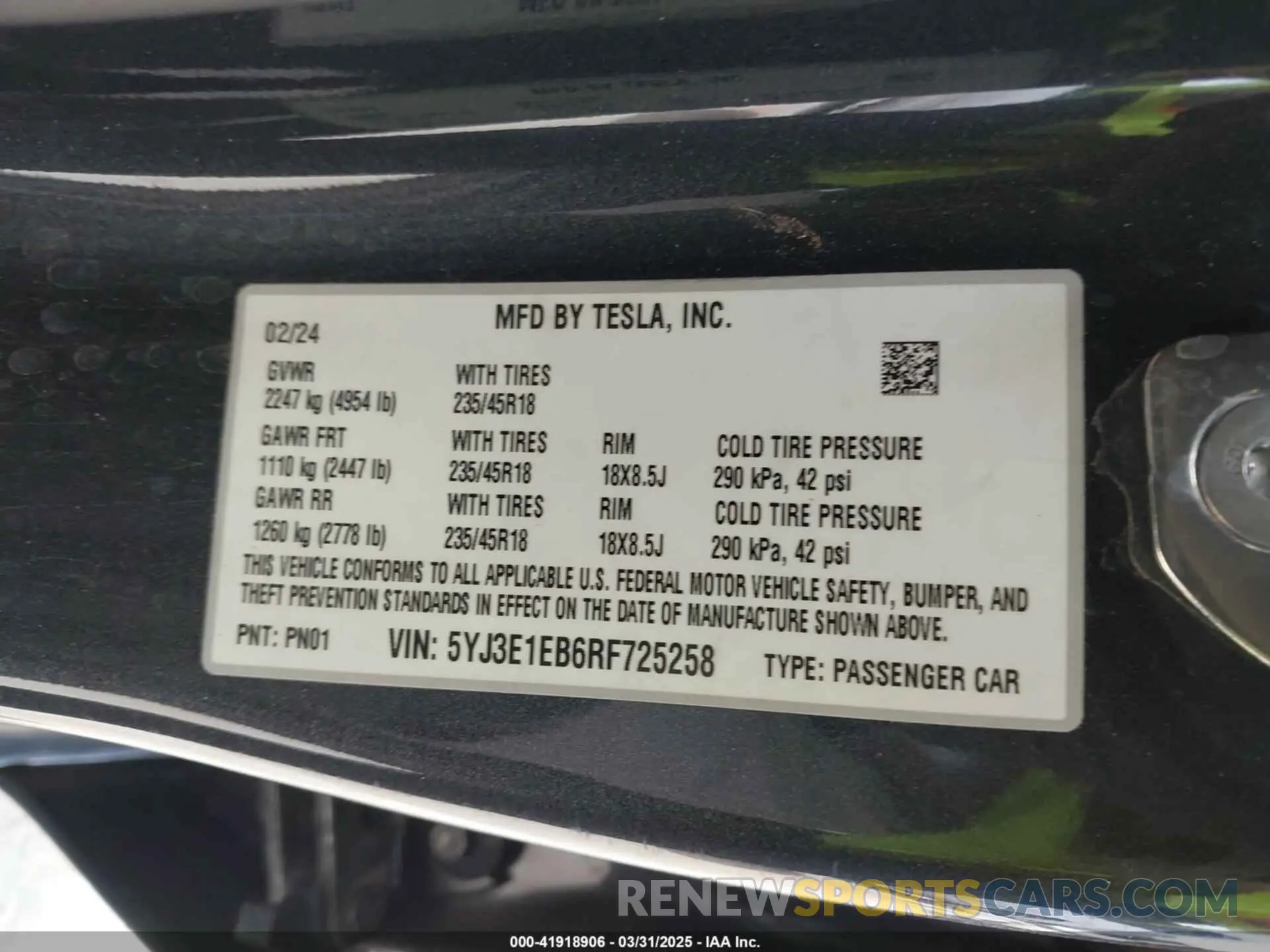 9 fotografías del automóvil dañado 5YJ3E1EB6RF725258 TESLA MODEL 3 2024