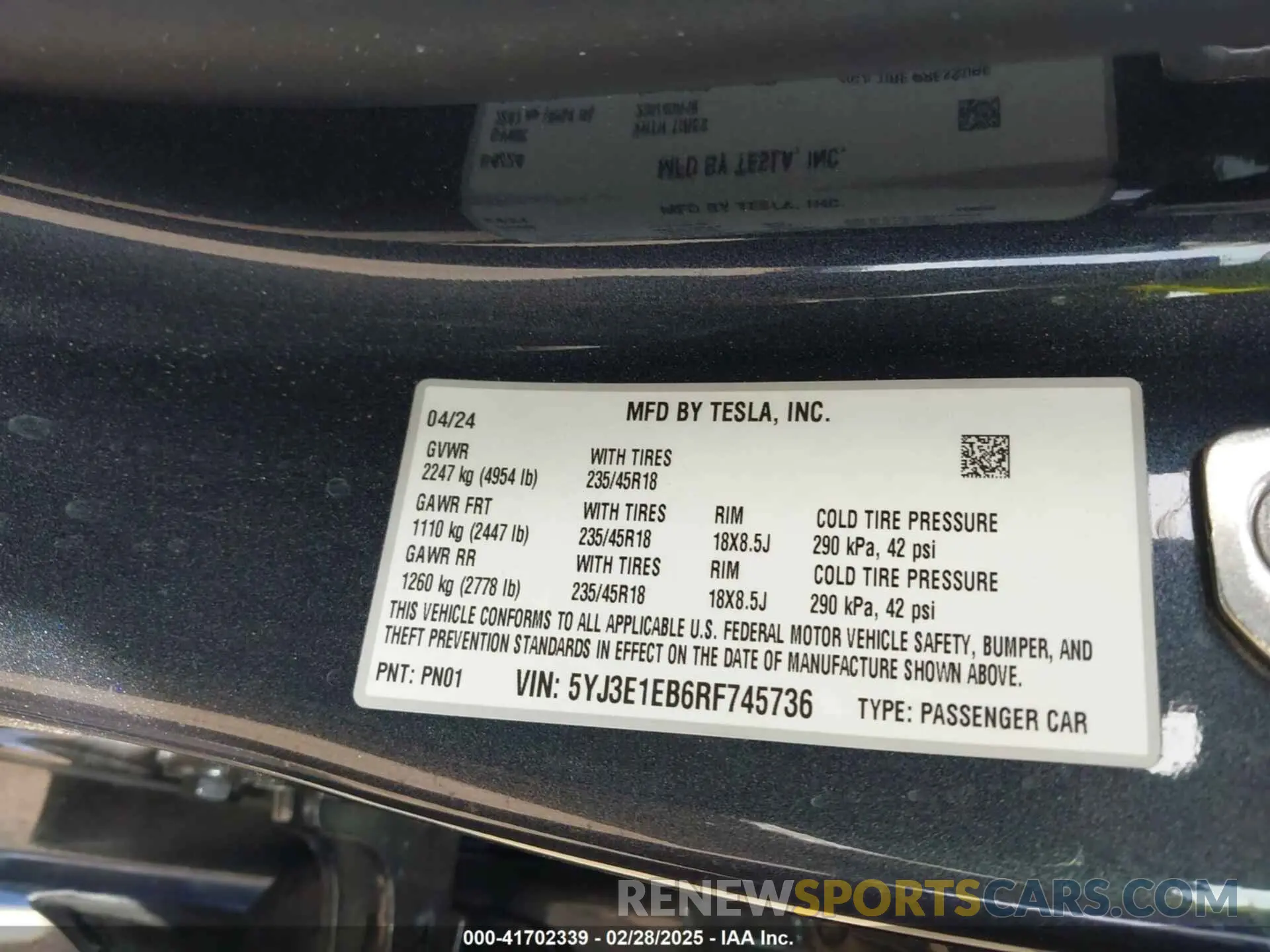 9 fotografías del automóvil dañado 5YJ3E1EB6RF745736 TESLA MODEL 3 2024