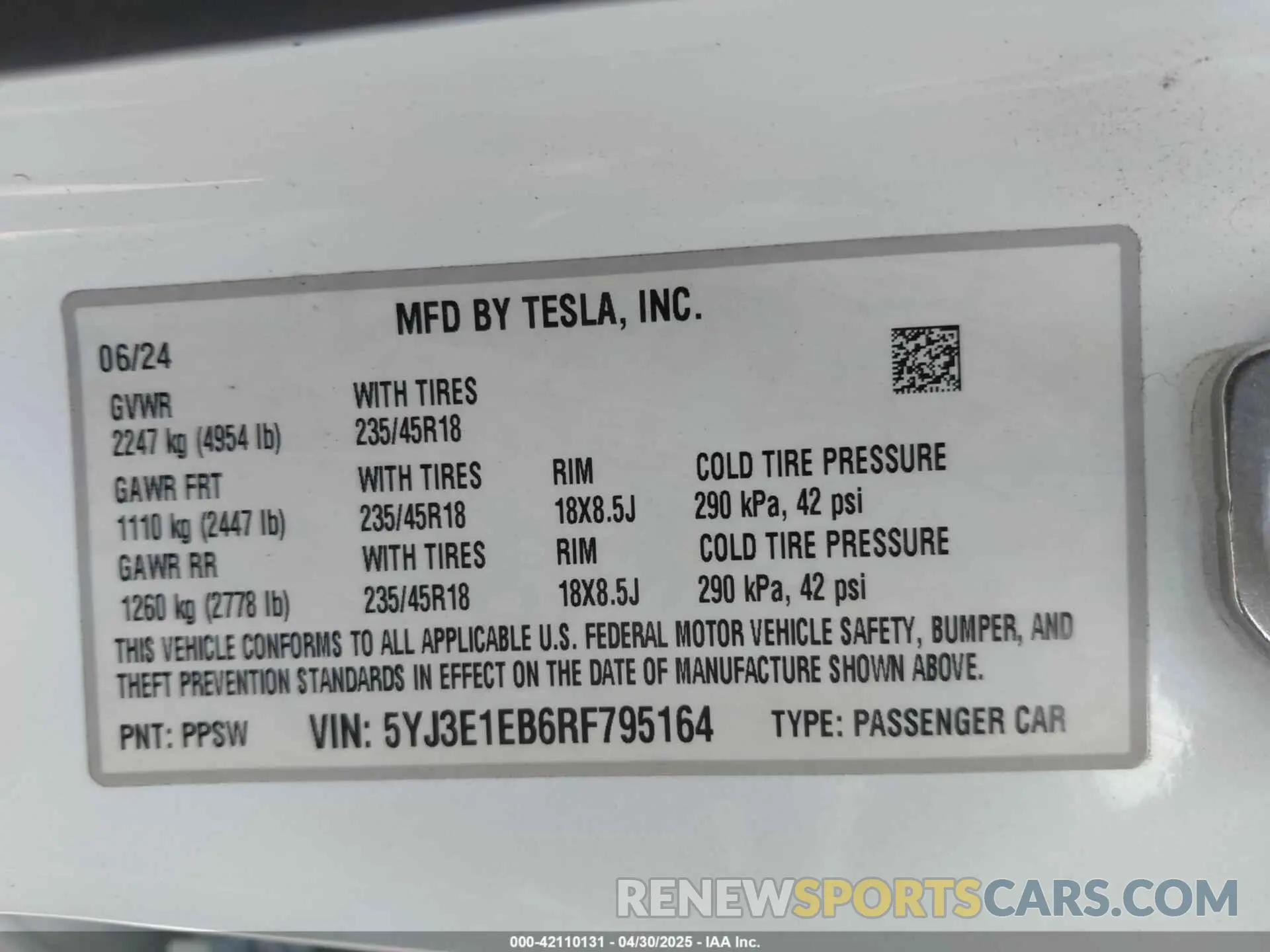 9 fotografías del automóvil dañado 5YJ3E1EB6RF795164 TESLA MODEL 3 2024
