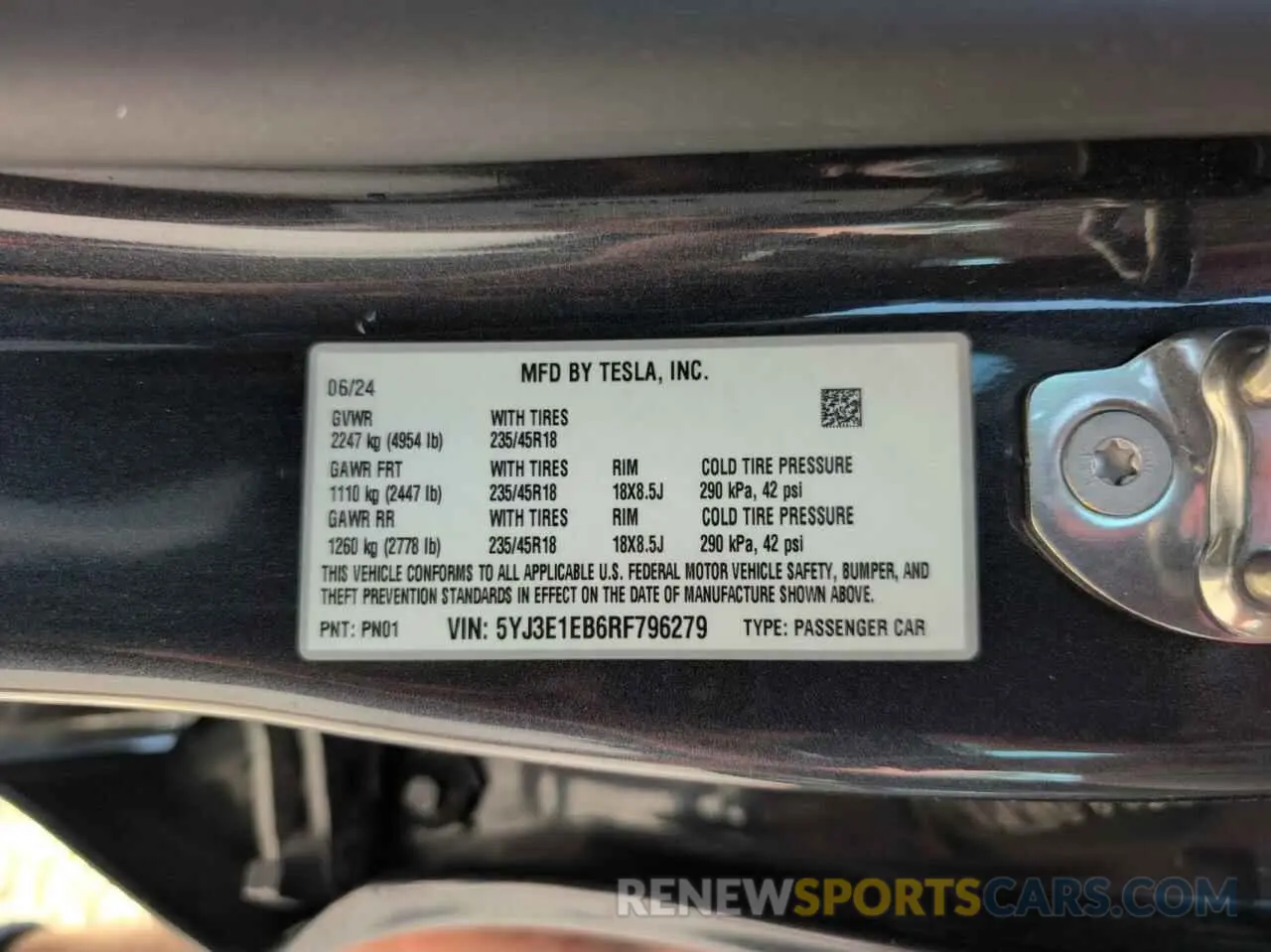 10 fotografías del automóvil dañado 5YJ3E1EB6RF796279 TESLA MODEL 3 2024
