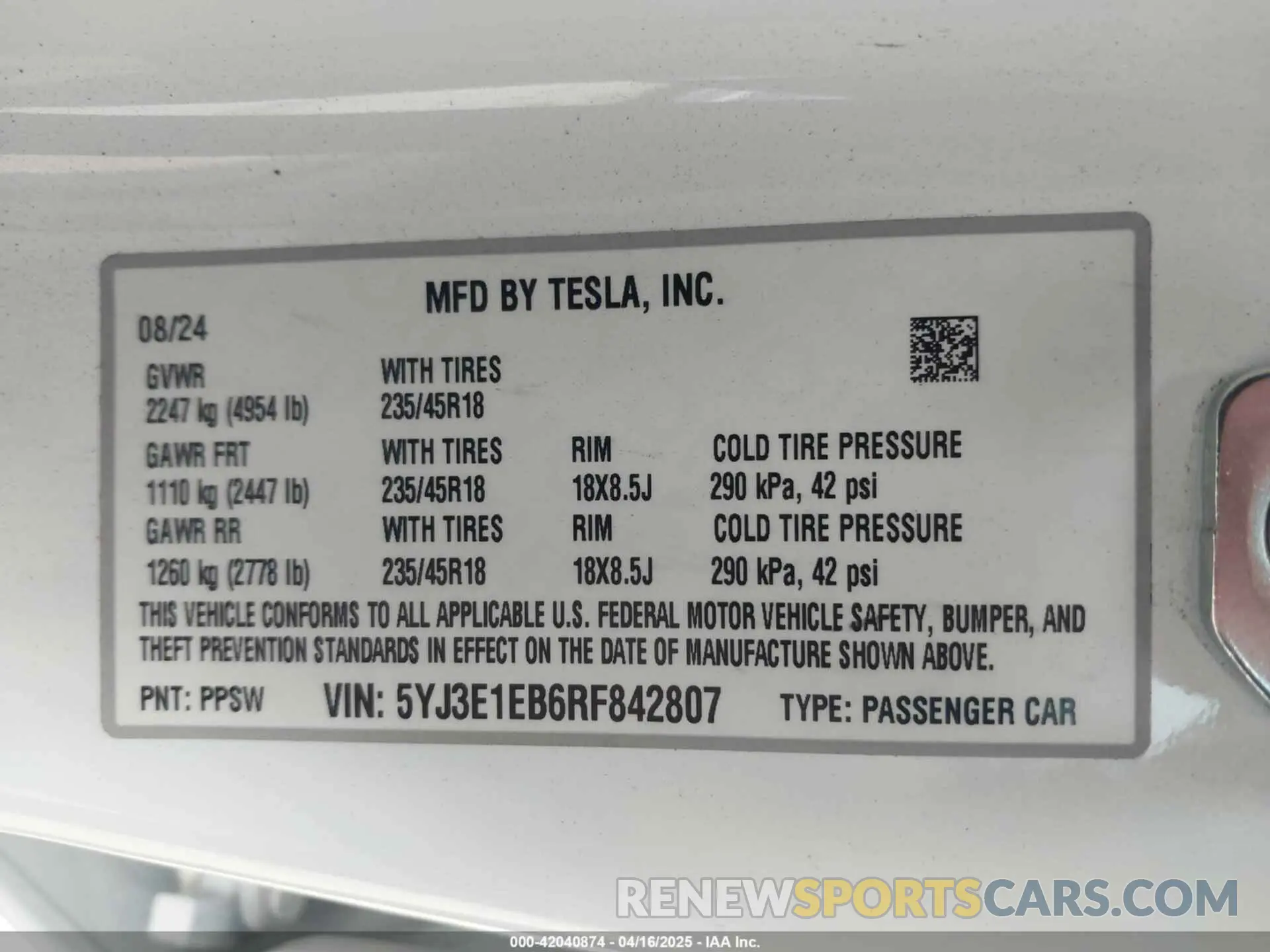 9 fotografías del automóvil dañado 5YJ3E1EB6RF842807 TESLA MODEL 3 2024