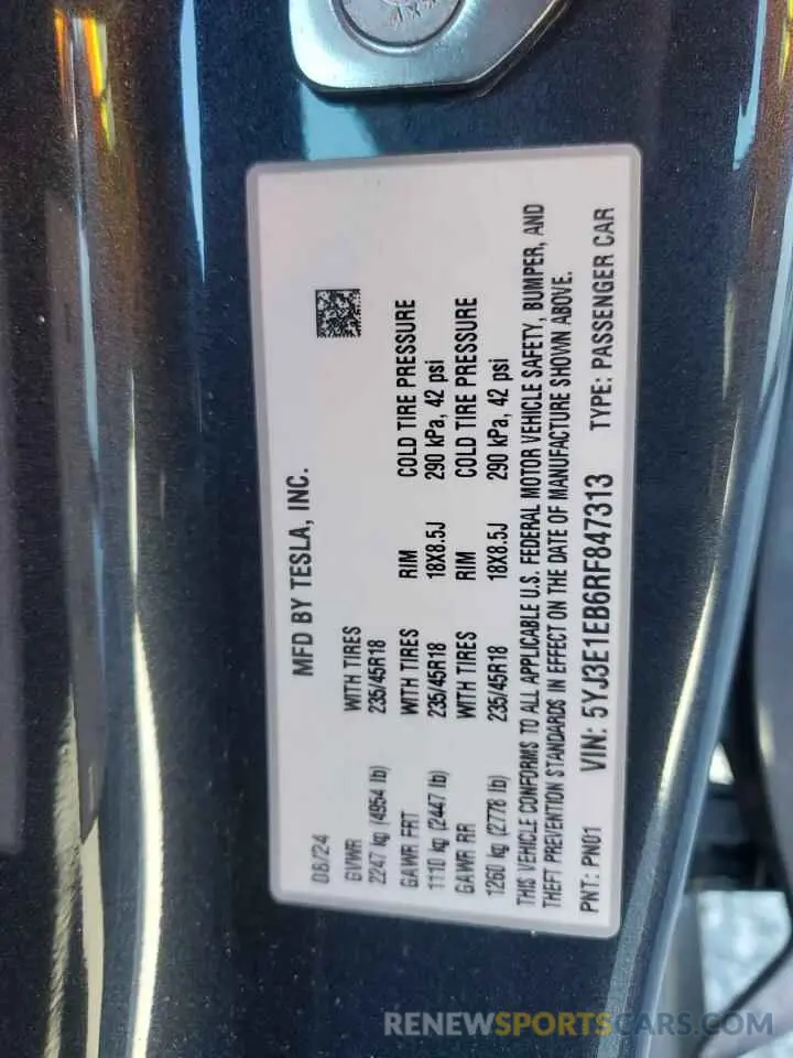 12 fotografías del automóvil dañado 5YJ3E1EB6RF847313 TESLA MODEL 3 2024