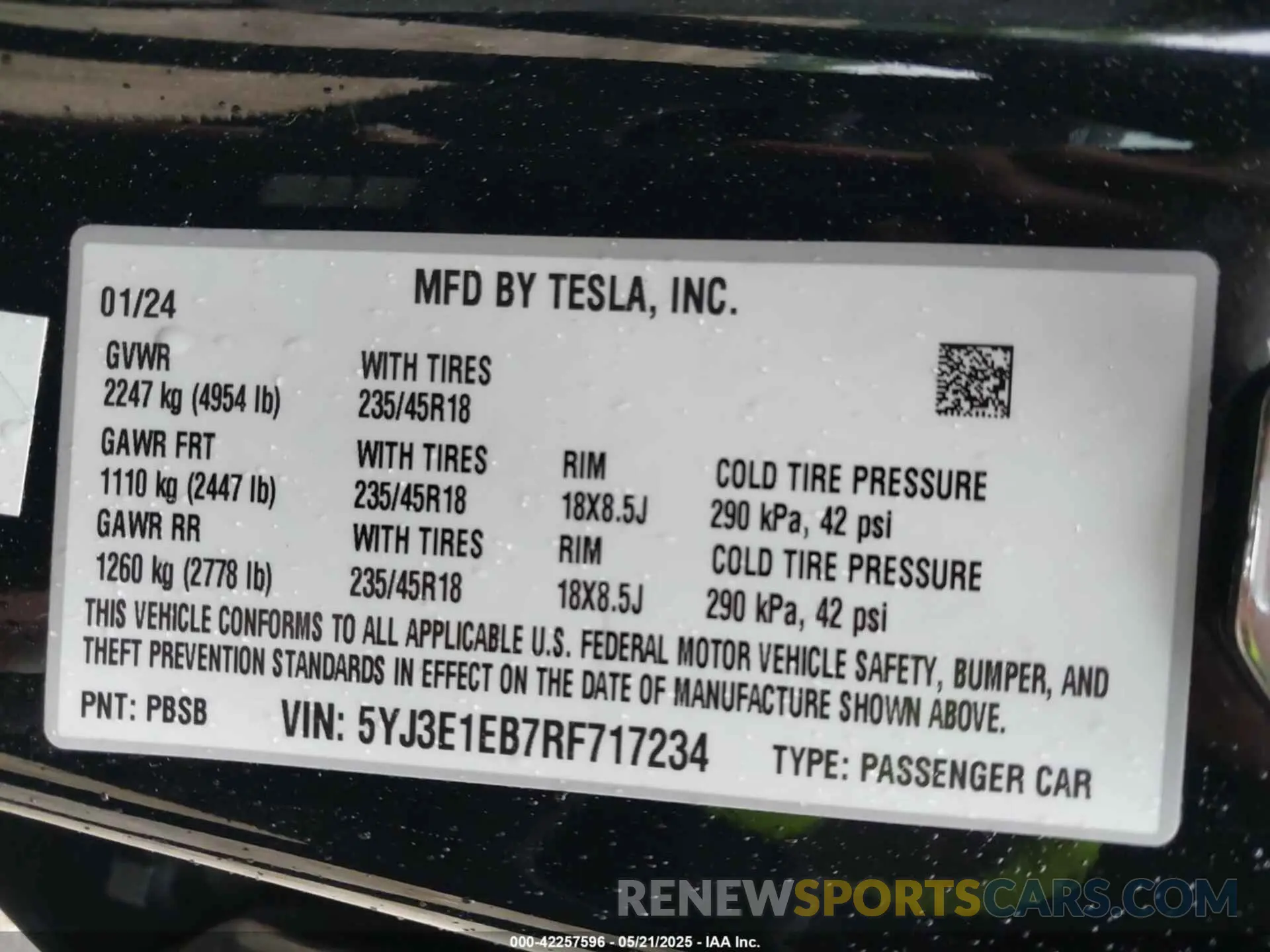 9 fotografías del automóvil dañado 5YJ3E1EB7RF717234 TESLA MODEL 3 2024