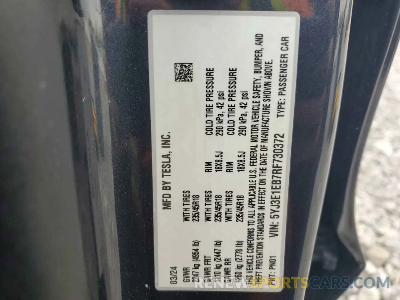 12 fotografías del automóvil dañado 5YJ3E1EB7RF730372 TESLA MODEL 3 2024