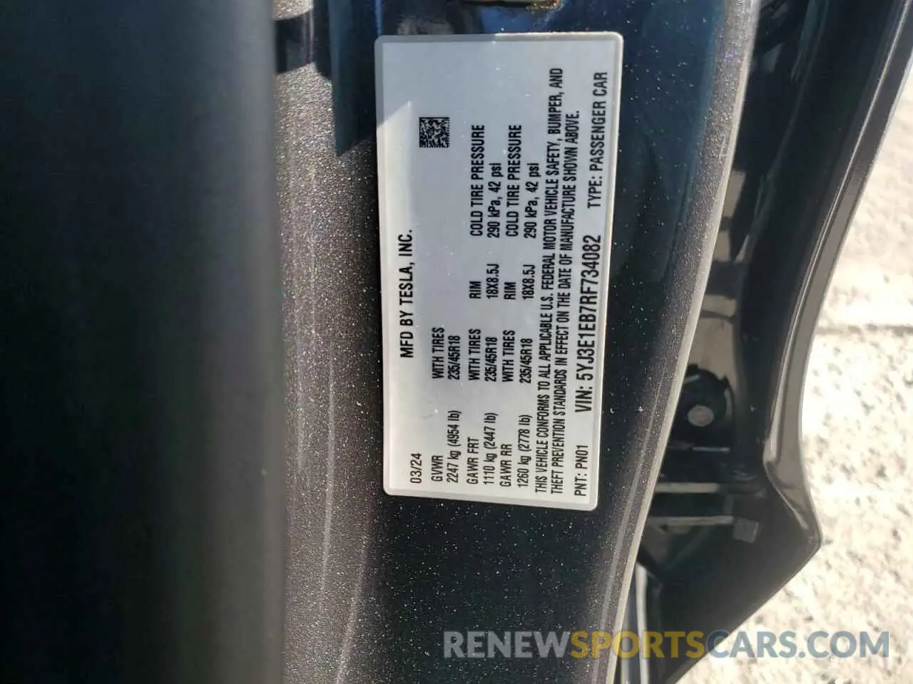 12 fotografías del automóvil dañado 5YJ3E1EB7RF734082 TESLA MODEL 3 2024