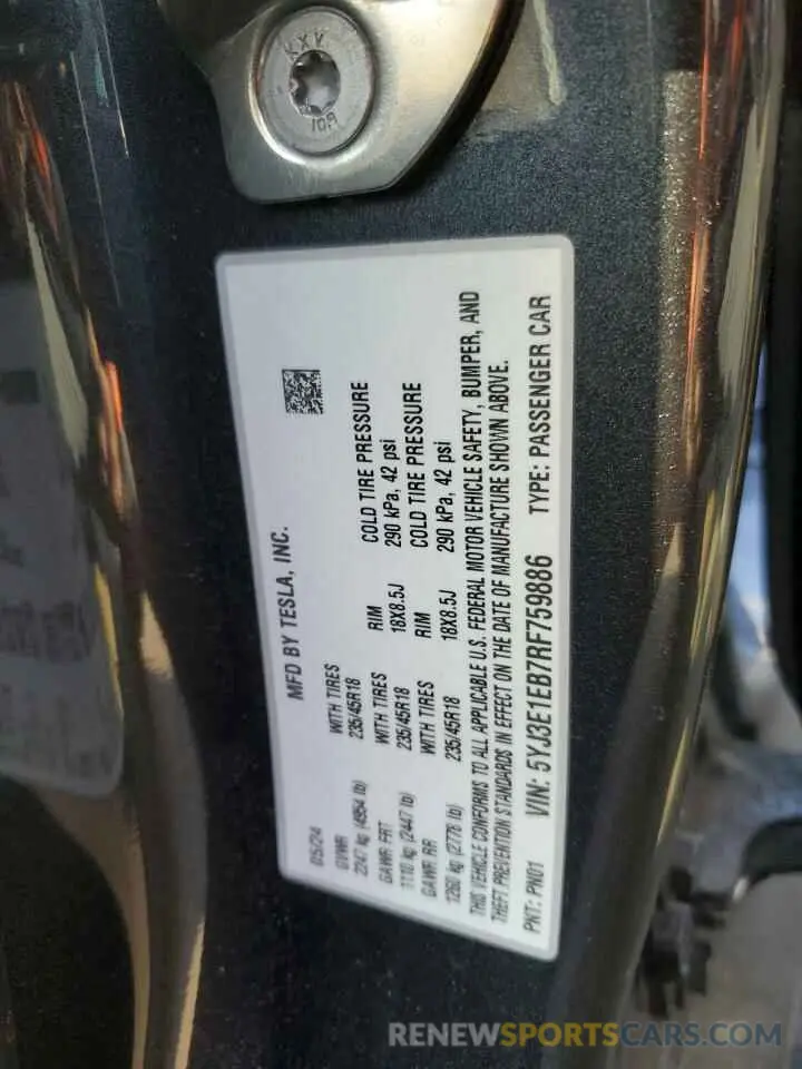 12 fotografías del automóvil dañado 5YJ3E1EB7RF759886 TESLA MODEL 3 2024