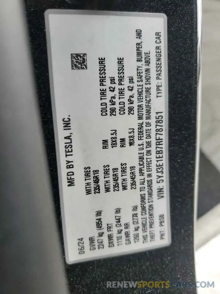 12 fotografías del automóvil dañado 5YJ3E1EB7RF787851 TESLA MODEL 3 2024